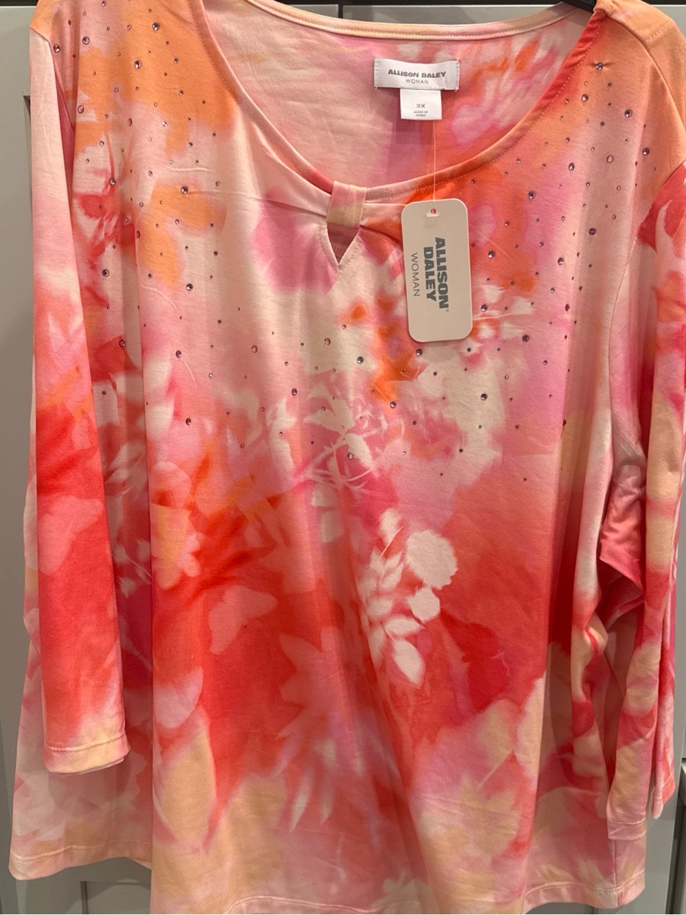 Allison Daley Pink Orange Yellow Floral Rhinestones 3X Plus Blouse New Coastal